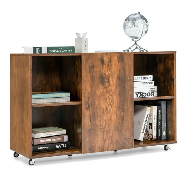 Gymax 3-Tier Wood Bookcase 6 Cube Bookshelf w/ Door Wheels Display Cabinet Rustic Brown