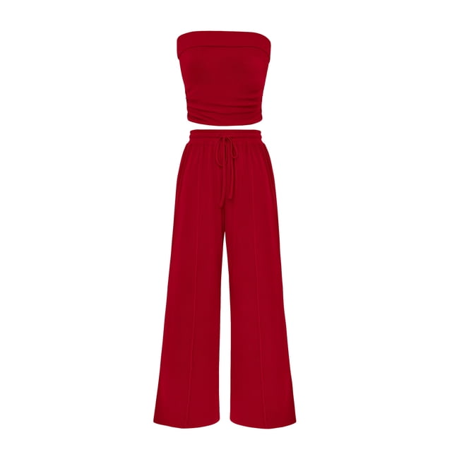 Conjunto Coordinado PRETTYGARDEN Top Corto de Punto Acanalado y Pantalones Anchos Rojo M