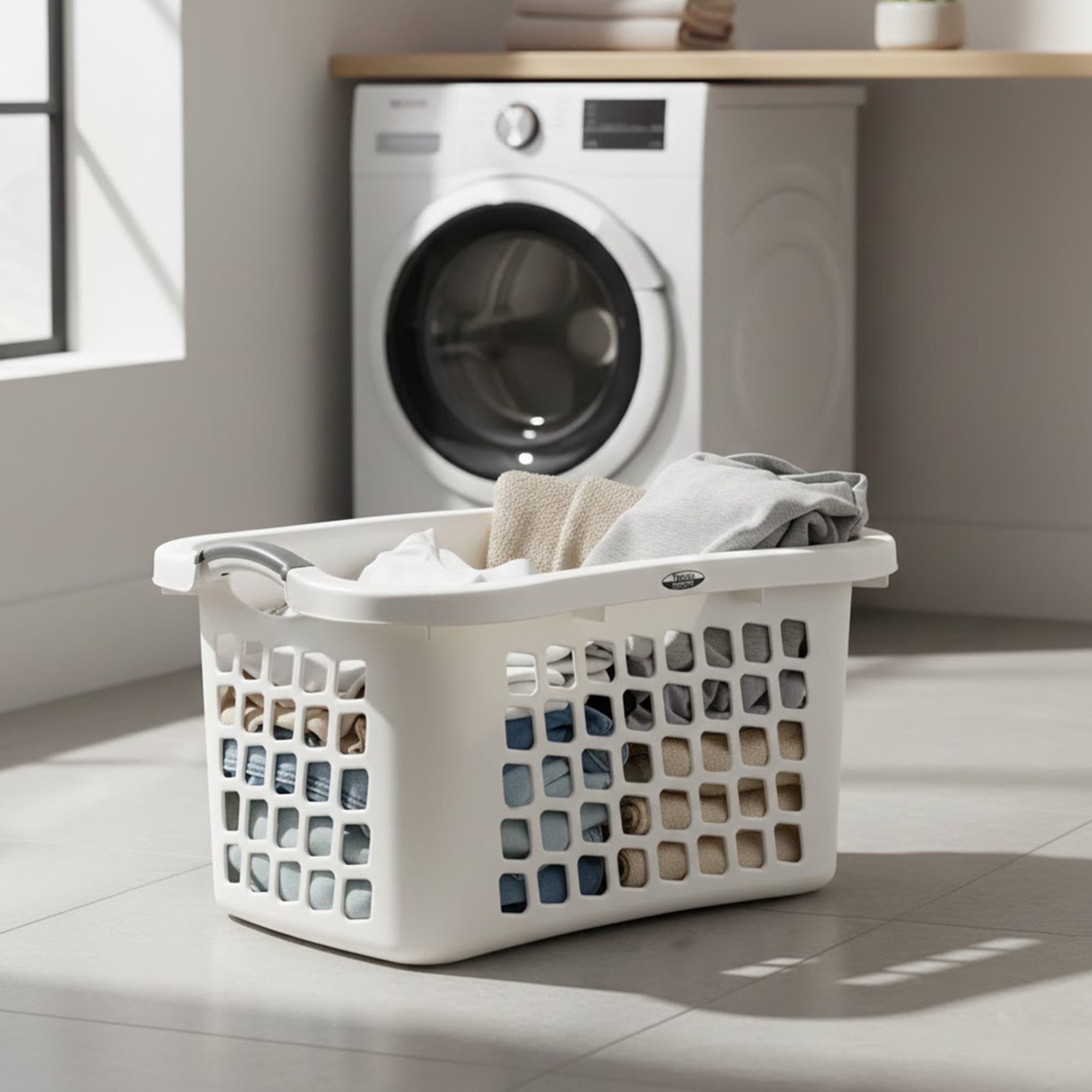 Redmon Comfort Grip Clothes Basket, Plastic Laundry Storage with 3 Side Handles, White