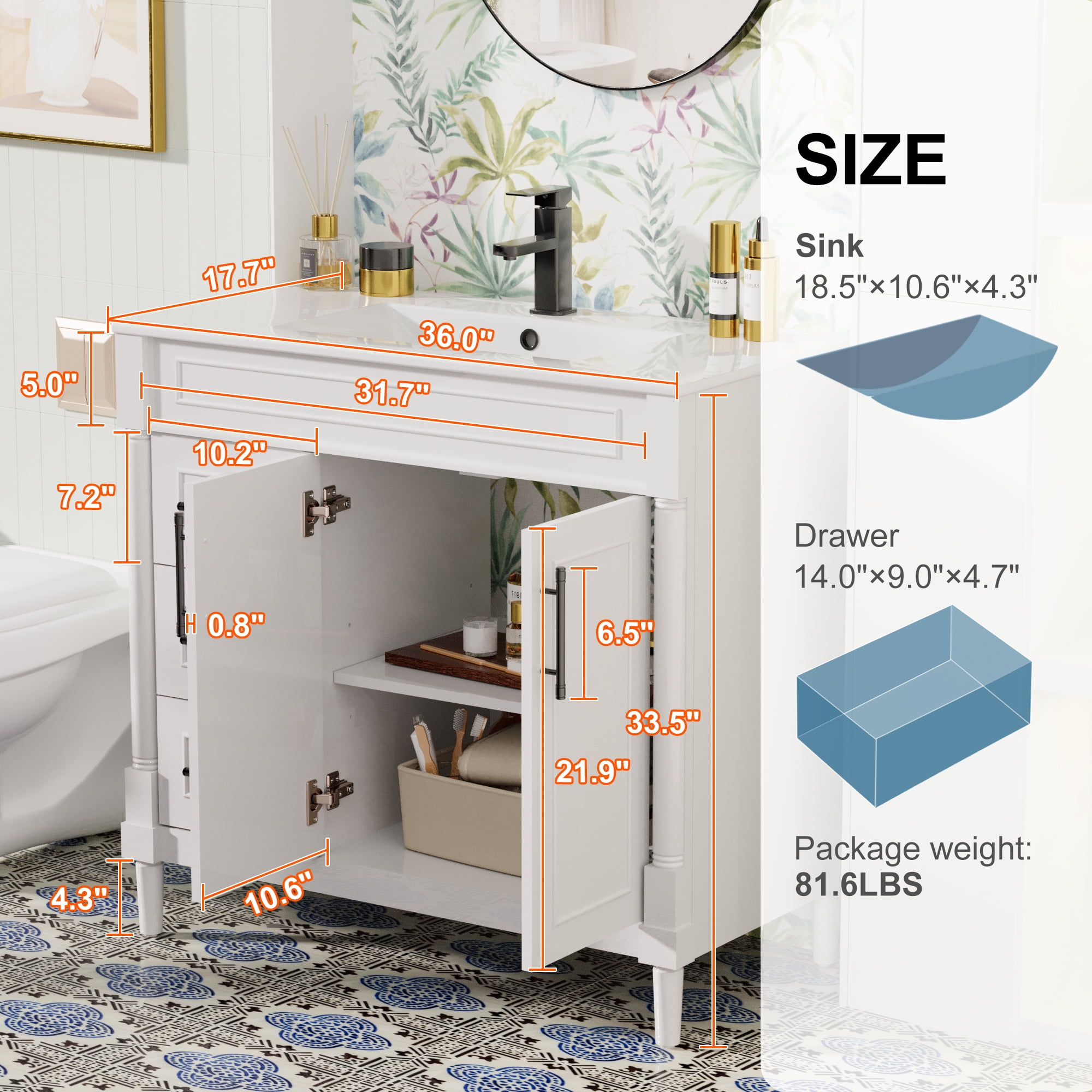 36" Freestanding White Bathroom Vanity with Ceramic Sink Top, Faucet, Classic Tapered legs