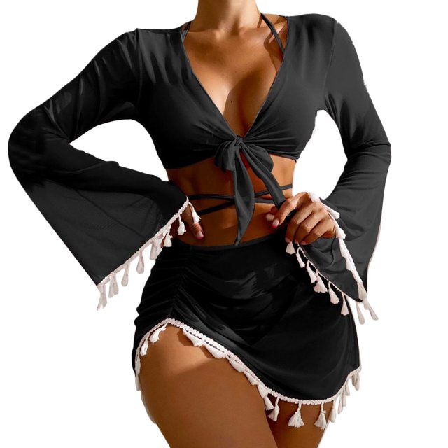 Gibobby Conjunto de Bikini para Mujer Traje de baño para mujer Cubrirse Sexy Frente abierto Bikini de playa Traje de baño Kimono Cubrir Ropa de playa lar(Negro,CH)