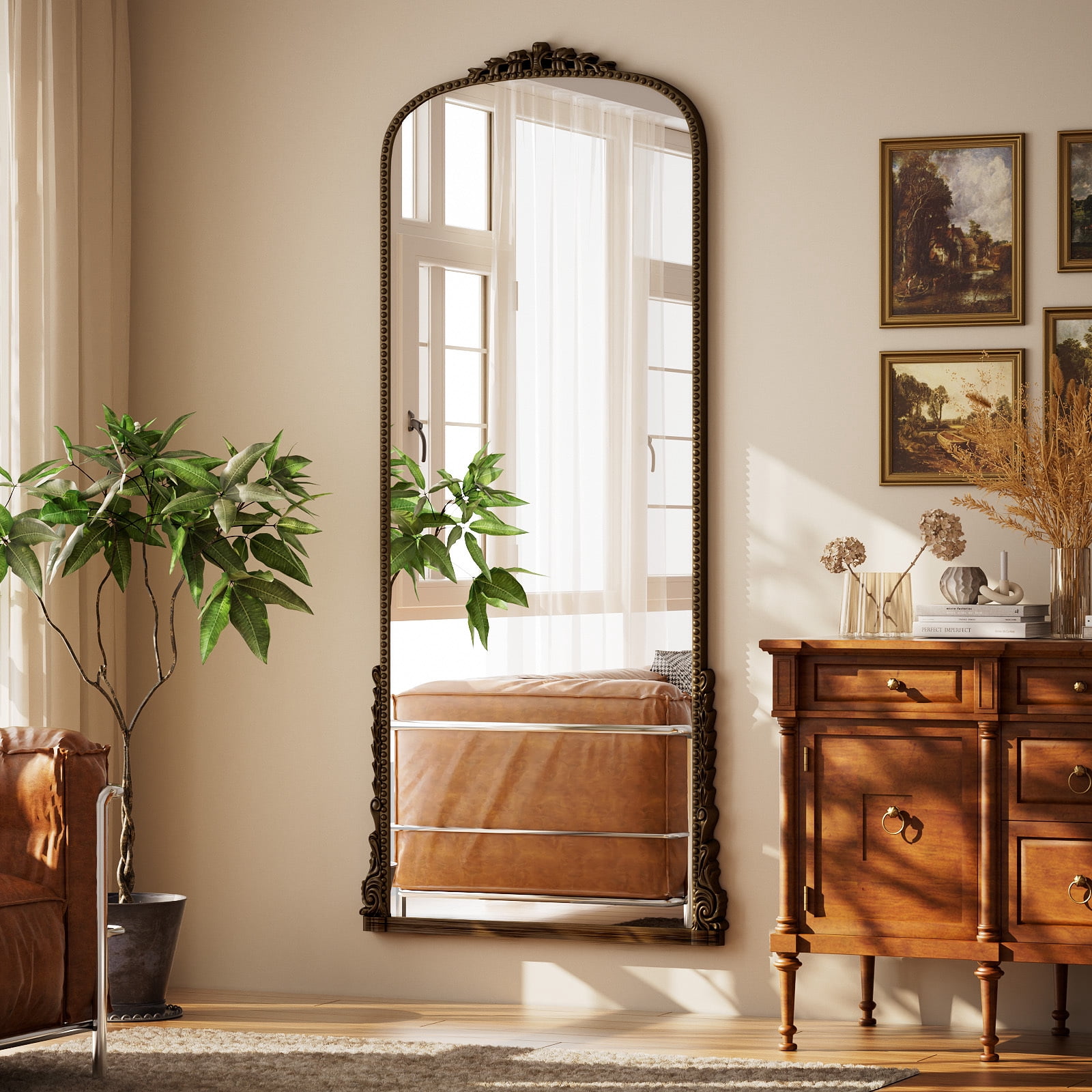 ‌Auromir‌ 32"x71" Antique Full Length Arched Mirror Traditional Baroque Floor Vintage Mirror,Antique Bronze