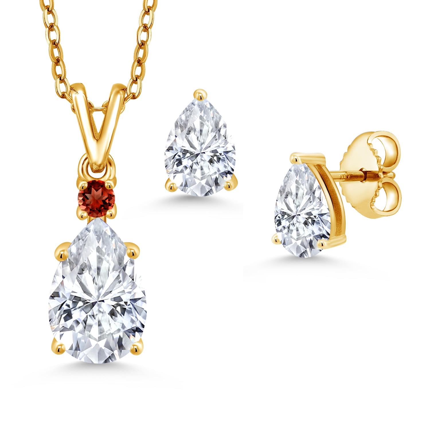 18K Yellow Gold Plated Silver White Moissanite and Red Garnet Pendant and Earrings Jewelry Set for Women (3.38 Cttw, Gemstone Birthstone, Pear Shape 10X7MM and 7X5MM, with 18 inch Chain)