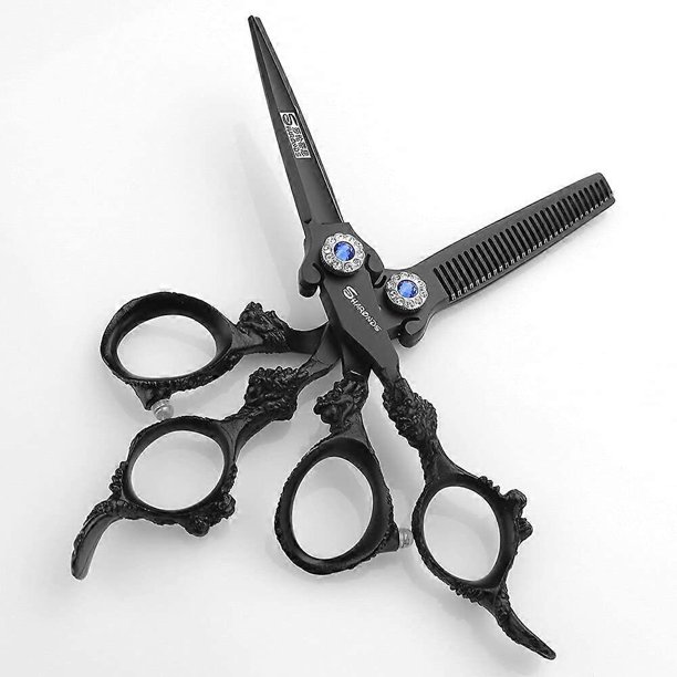 Tijeras de peluquería de acero inoxidable japonés de 6 pulgadas, color negro, ergonómicas, 2 unidades.