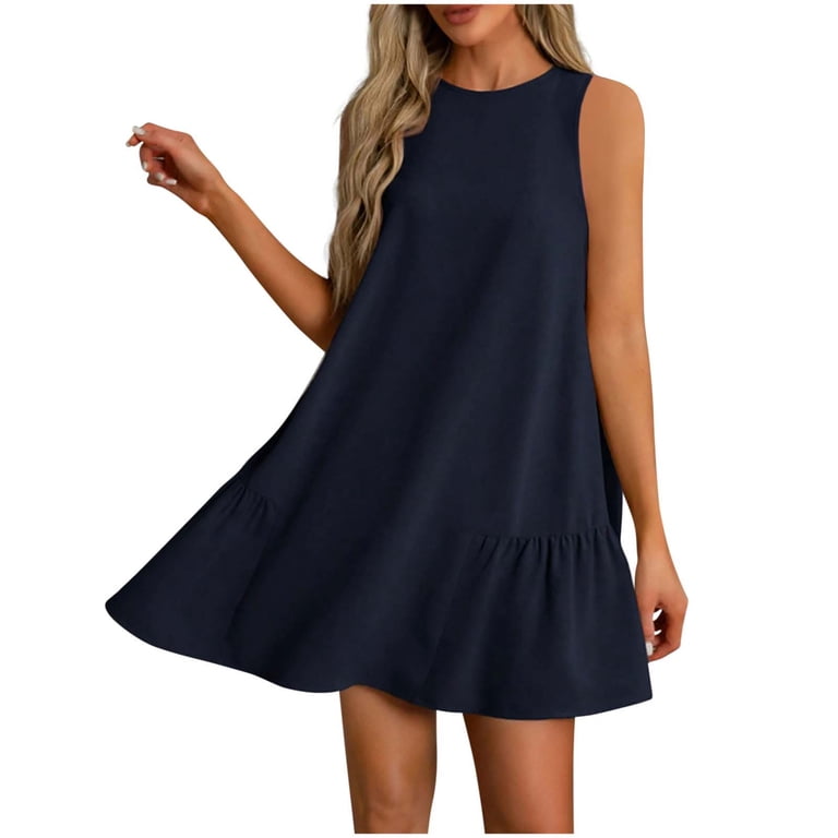 Lenago Womens Summer Dresses Sleeveless Crewneck Pleated Hem Mini Dress Flowy A-Line Solid Color Casual Sundress Beach Holiday Dress, Women's, Size: