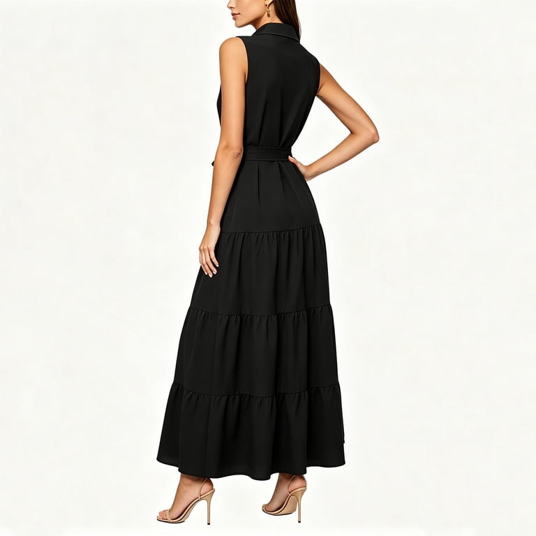 Miluxas Women's Sleeveless Collared Maxi Dress Button-Down Slit Front A-Line Flowy Shirt Dress with Belt Tiered Ruffle Beach Vacation Outfits Black