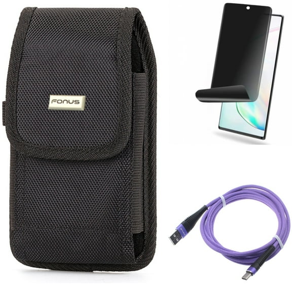 10ft USB Cable & Case Belt Clip & Privacy Screen Protector for Samsung Galaxy Note 20 (6.7") - Combo with Purple Type-C & Rugged Holster & TPU Film Anti-Peep
