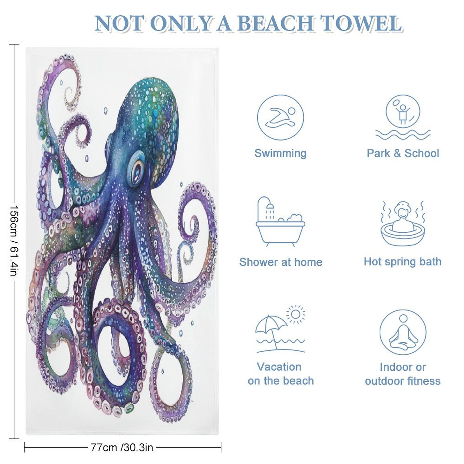 Octopus Watercolour Style Blue Or Pink Nautical Coastal Beach Towel 30x60 inch Nautical Coastal Octopus Microfiber Beach Towels for Travel Microfiber Sand Free Microfiber Absorbent Quick Dry