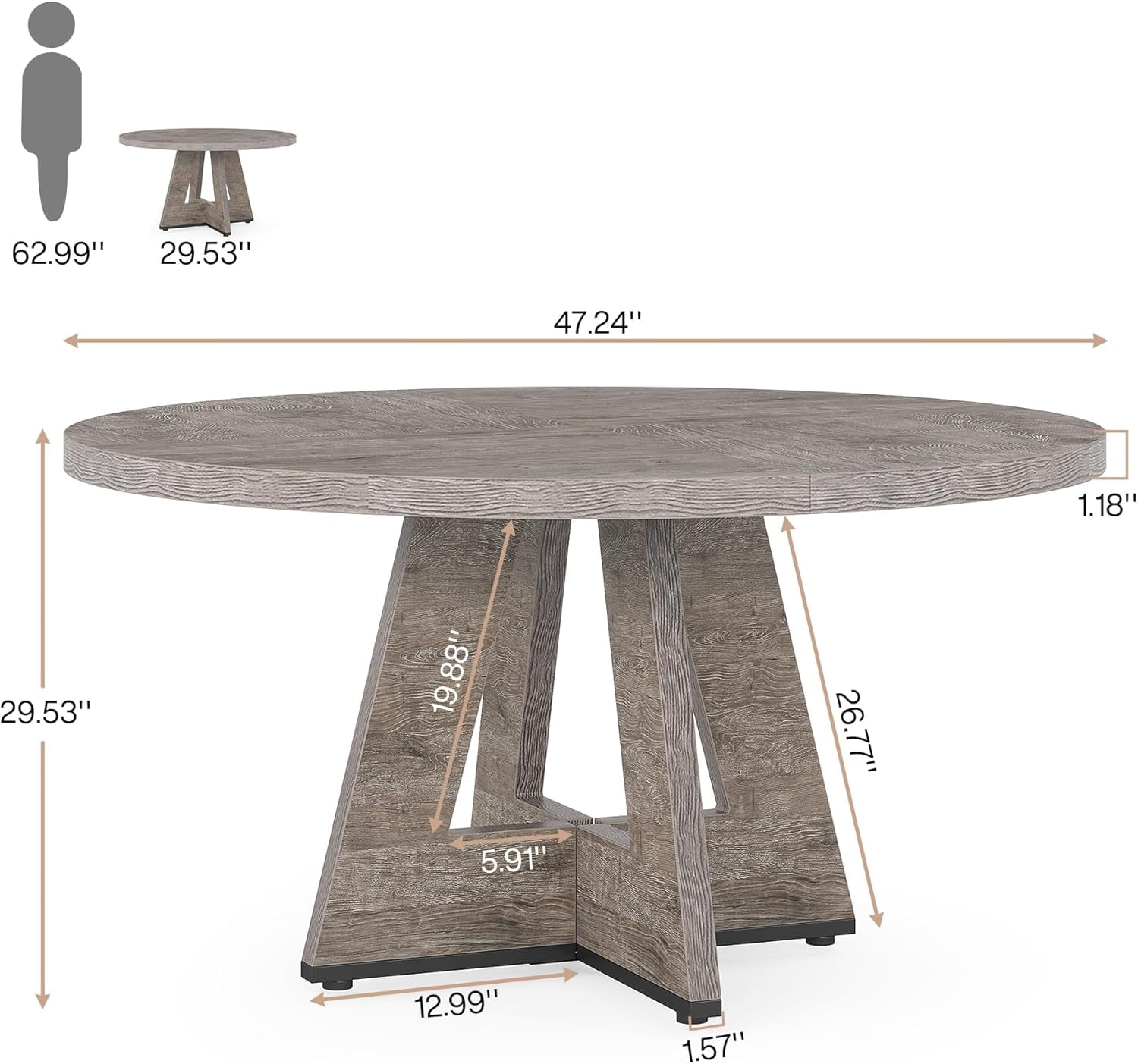 47" Round Dining Table for 4, Wooden Farmhouse Kitchen Table, Sturdy Dinner Table for Family Meals & Gatherings