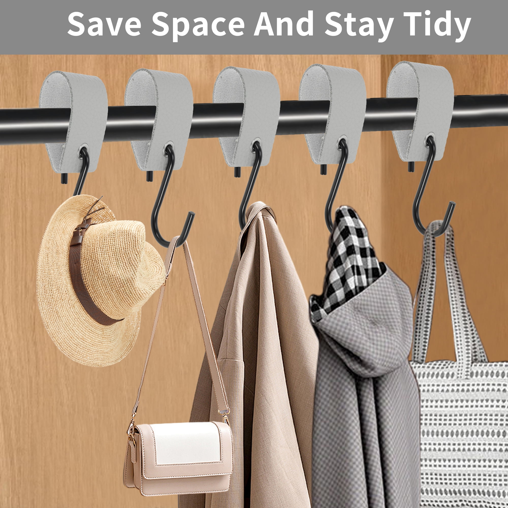 Unique Bargains Pack of 5 S Hooks with Leather Loop for Wardrobe Silver Tone Gray