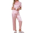 thumbnail image 2 of INSPIRE CHIC Womens Satin Pajama Set Silky Button Down Short Sleeve Lapel Shirt and Pants 2 Piece Loungewear Sets XL Pink, 2 of 6