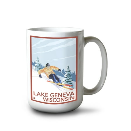 

15 fl oz Ceramic Mug Lake Geneva Wisconsin Downhill Skier Dishwasher & Microwave Safe