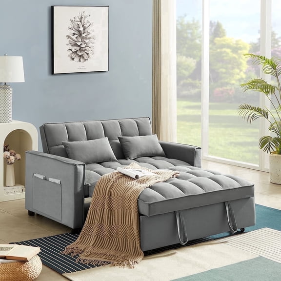 Muumblus 55" Pull Out Futon Sofa Bed, Convertible Sleeper Loveseat with Adjsutable Backrest, Modern Velvet Couch for apartment, Grey