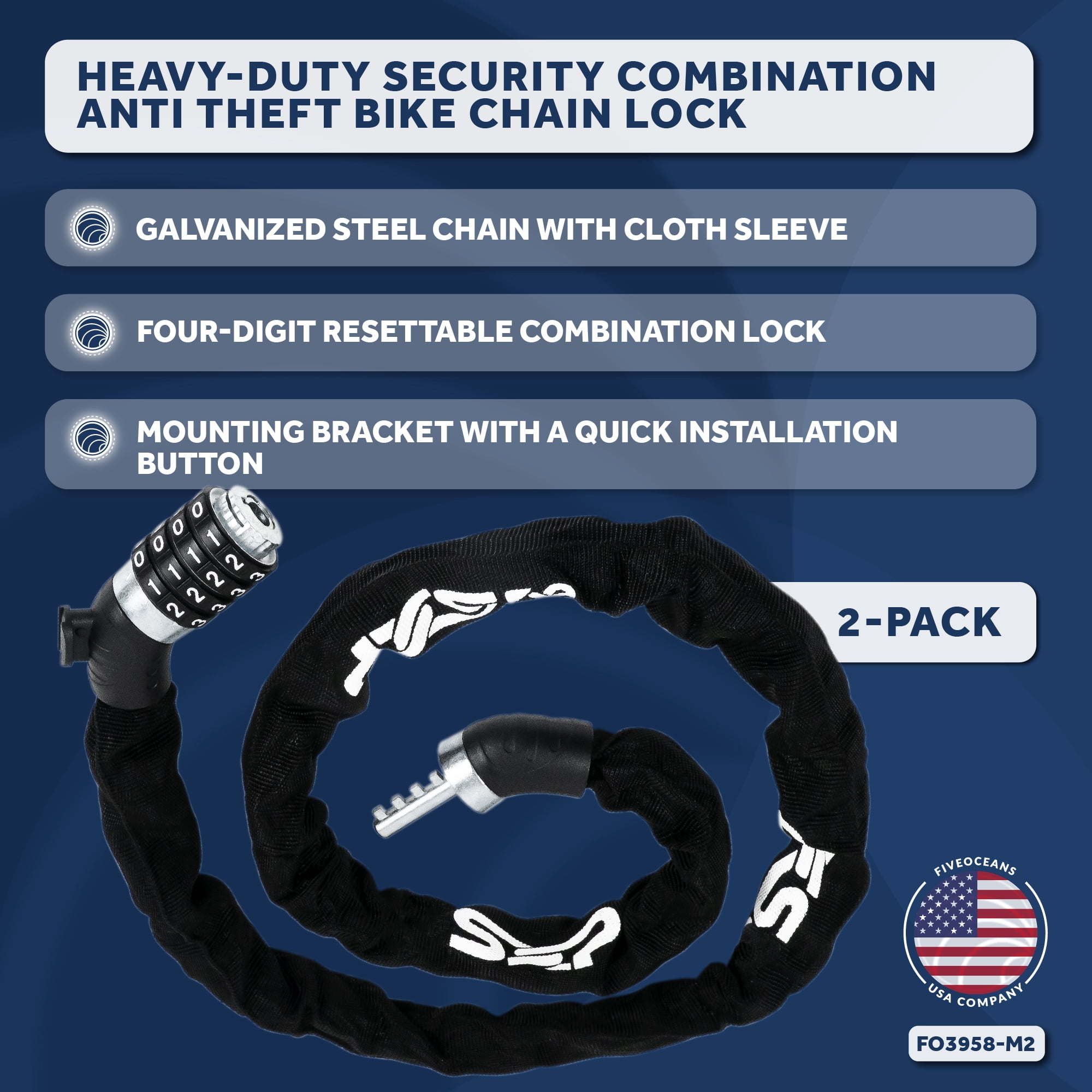 Five Oceans Bike Chain Locks, 2-Pack Combination Anti Theft Bike Locks Heavy Duty, Security Resettable Bicycle Chain Lock with Mounting Bracket, 4 Feet Long for Bike, Motorcycle, Bicycle, FO3958-M2