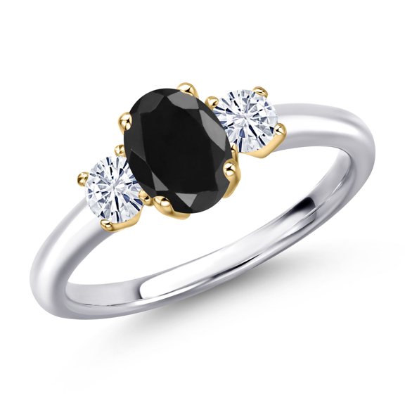 Gem Stone King 925 Silver and 10K Yellow Gold Black Sapphire and White Moissanite Engagement Ring for Women | 1.42 Cttw | Oval 7X5MM | Gemstone September Birthstone | Size 6