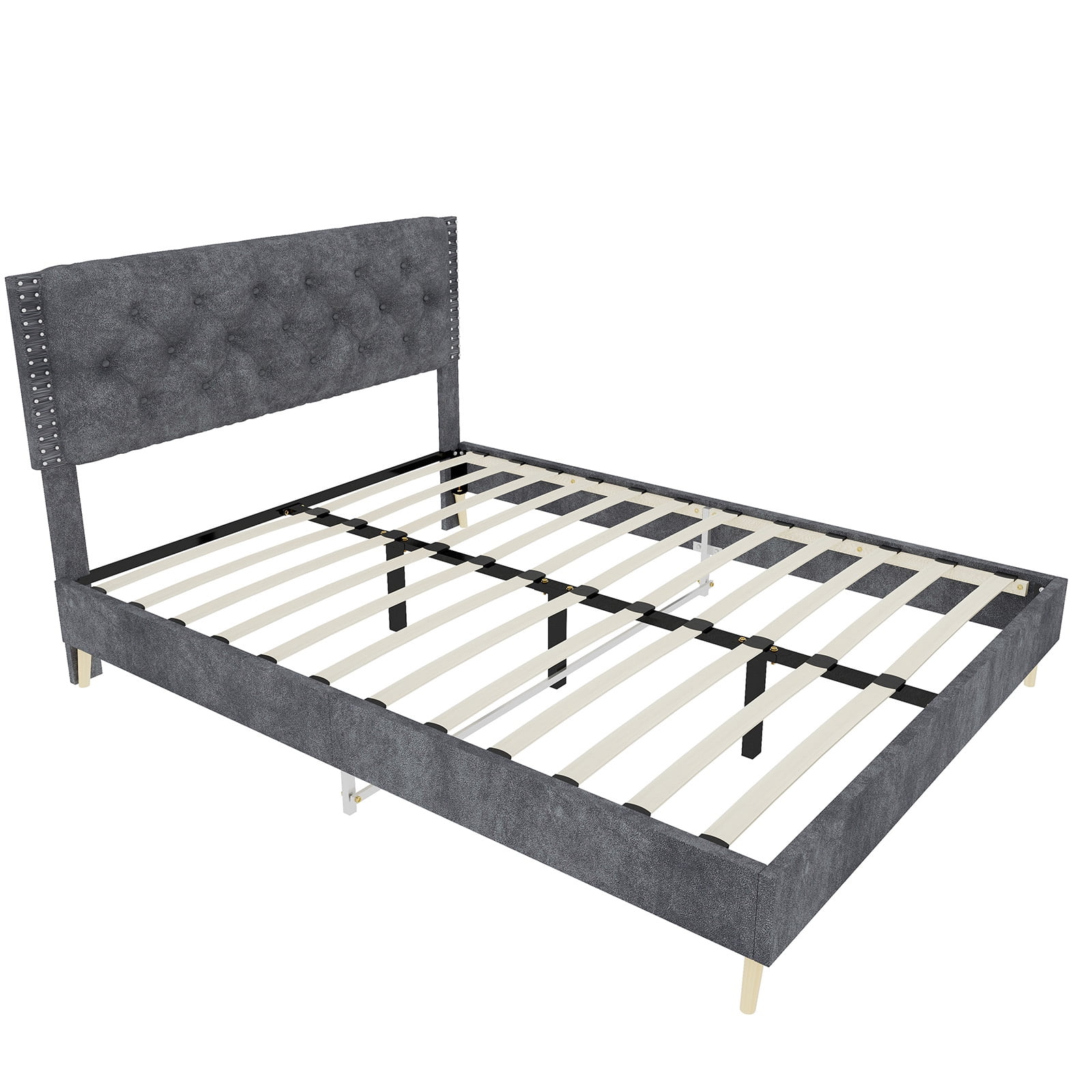 Alvantor Full Size Upholstered Bed Frame with Padded Headboard, Holland Velvet Tufted Gray
