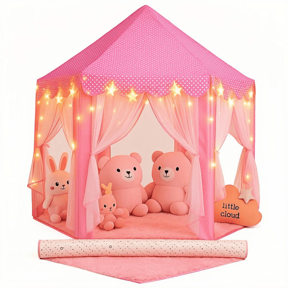 Wilwolfer Princess Play Tent for Girls with Rug & Star Lights – Pink Indoor Castle Playhouse for Kids, Pretend Play Toy for Indoor & Outdoor Use