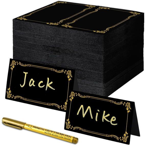 sixwipe 200 Pcs Black Paper Folding Table Cards with 1 Gold Pen for Party, 3.54 x 3.94 Name Tent Cards with Gold Foil Border for Table Setting, Table Tent Sign for Buffet Banquet Parties Celebrations