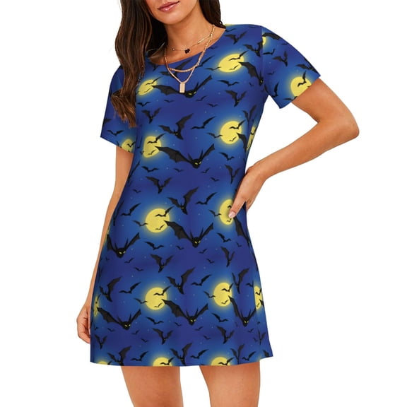 Cotton Nightgowns for Women - Cool Bats Blue Night Starry Sky Sleep Shirts for Women's Nightgowns & Sleepshirts, Soft Cotton Pajama Dress Shirts for Women, House Dress Sleepwear for Women