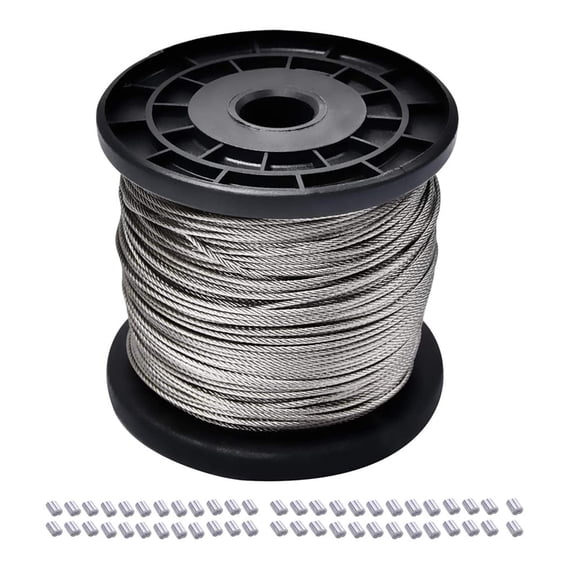 Little World Câble Métallique 1/16, Câble Métallique en Acier Inoxydable 304, Noyau de Brin 7x7, Câble d'Avion de 328 Pieds, Résistance à la Rupture de 368 lbs avec 100 Pcs Aluminium