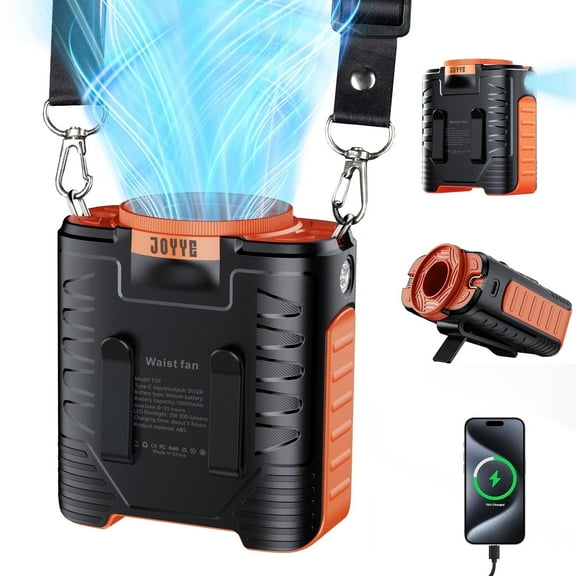 JOYYE Upgrade 5-Speed Portable Waist Fan, 16000RPM Powerful,10000mAh Rechargeable Hanging Neck Fans, Wearable Belt Fan for Camping Outdoor Jobsite