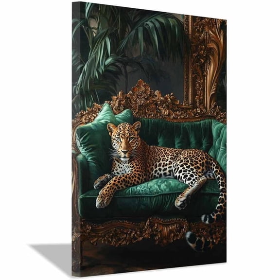 Mudket Framed Leopard Canvas Wall Art, Leopard on Emerald Green Sofa Animal Print Wall Decor, Luxury Jungle Art Ready to Hang for Living Room - 18"L x 12"W