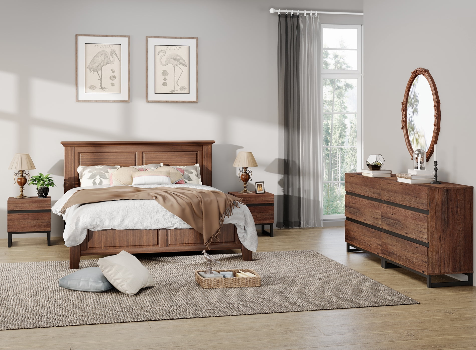 WAMPAT 3-Piece Bedroom Furniture Set, 63" Dresser & Chest with 6 Drawers, 2 Nightstands with 2 Drawers, Wooden Side Tables for Bedroom, Brown