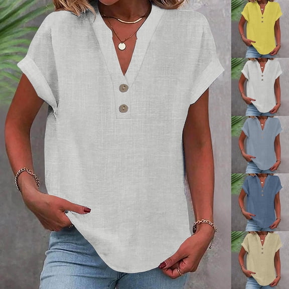 Lcziwo Henley V Neck Shirt for Women Cotton Linen Short Sleeve Button Up Tops Plus Size Casual 2026 Summer Tunic Tees Yellow,L