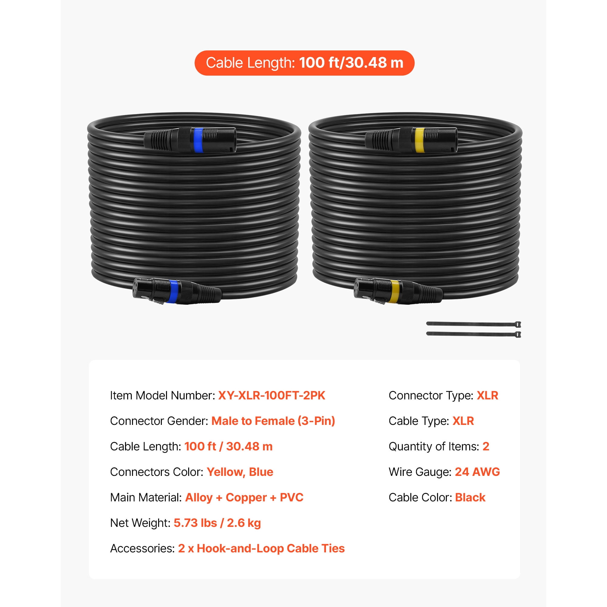 KFFKFF 100 ft XLR Cable, 2-Pack, Shielded Balanced 3-Pin Male to Female Microphone Cords with Gold-Plated Connectors, Ideal for Stage Lighting, Microphones, Amplifiers, Mixers, and Speaker Systems