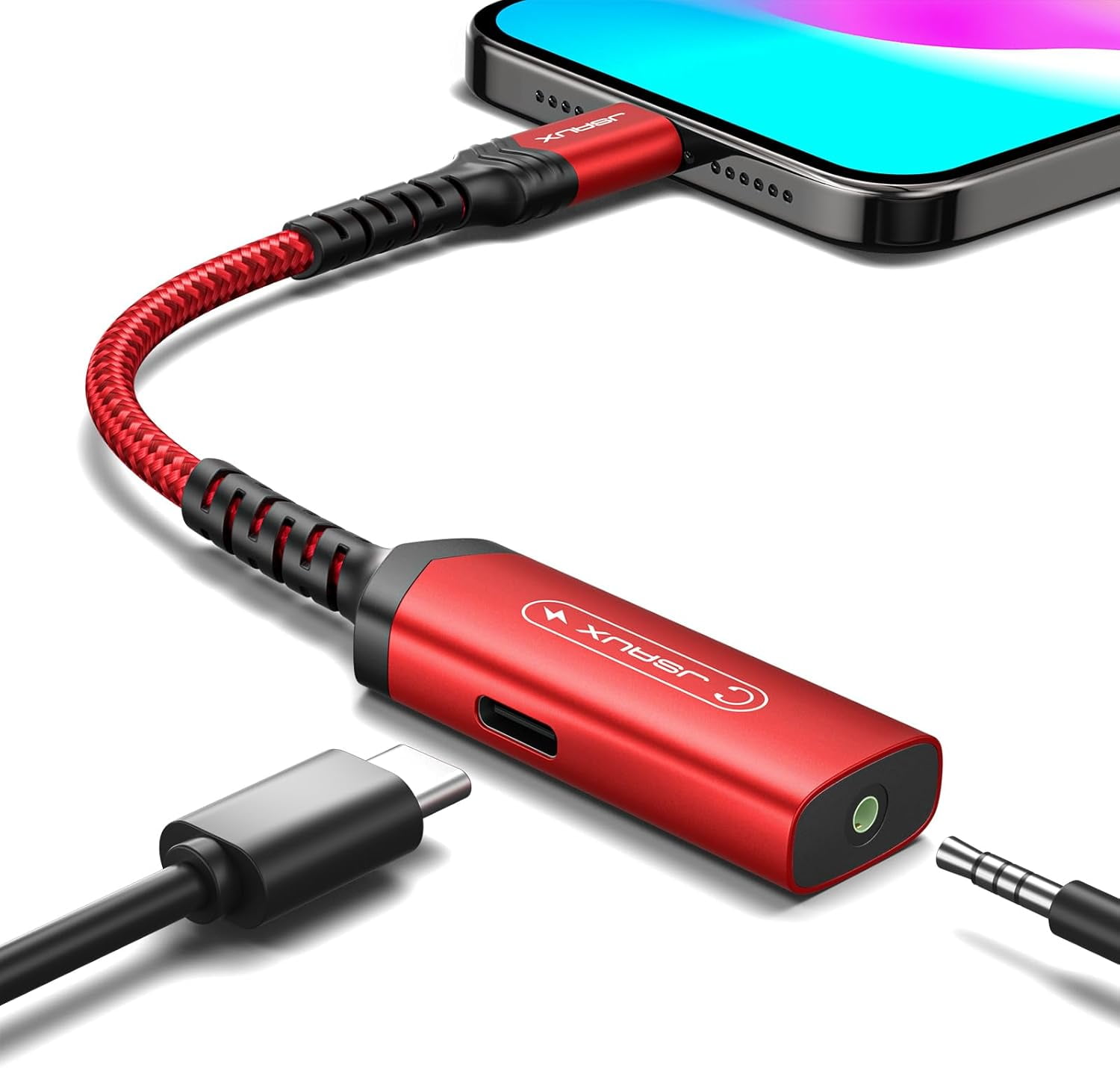 MHAWBL-USB C to 3.5mm Headphone and Charger Adapter,2-in-1 AUX Mic Jack with PD 60W Fast Charging Compatible with iPhone 15 Pro Max/15 Pro/15, Galaxy S24/S24+/S24 Ultra/S23/S22/S21,iPad Pro-Red
