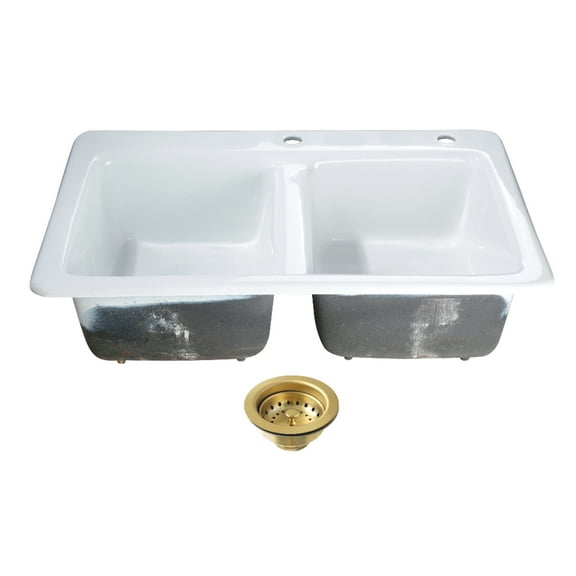 Kingston Brass KGT33229D27 Petra Galley 33-Inch Cast Iron Self-Rimming Double Bowl Drop-In Kitchen Sink (2-Hole) with Basket Strainers x 2 in White/Brushed Brass