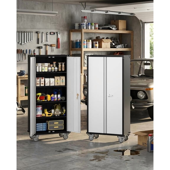 Gaderth 72'' Tall Metal Garage Storage Cabinet With Wheels,Steel File Cabinets Locked Cabinet With 2 Doors And 4 Adjustable Shelves Utility Cabinet For Home Office, Warehouse
