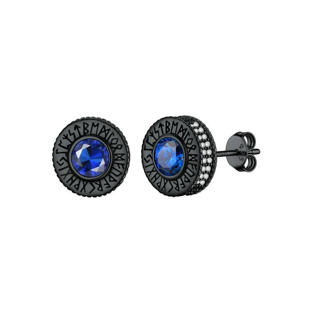 Pendiente de tuerca de plata esterlina PROSTEEL con Zafiro Piedra natal Septiembre Runas vikingas Negro