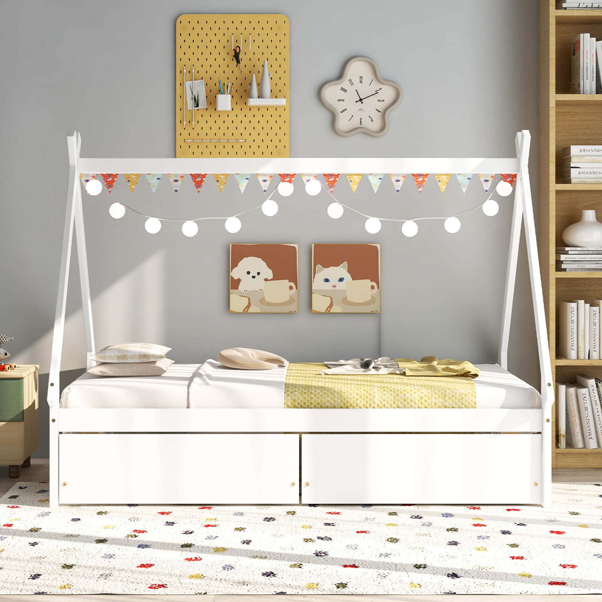 Costway Twin Size Wooden House Bed with 2 Drawers Roof Storage for Boys & Girls White