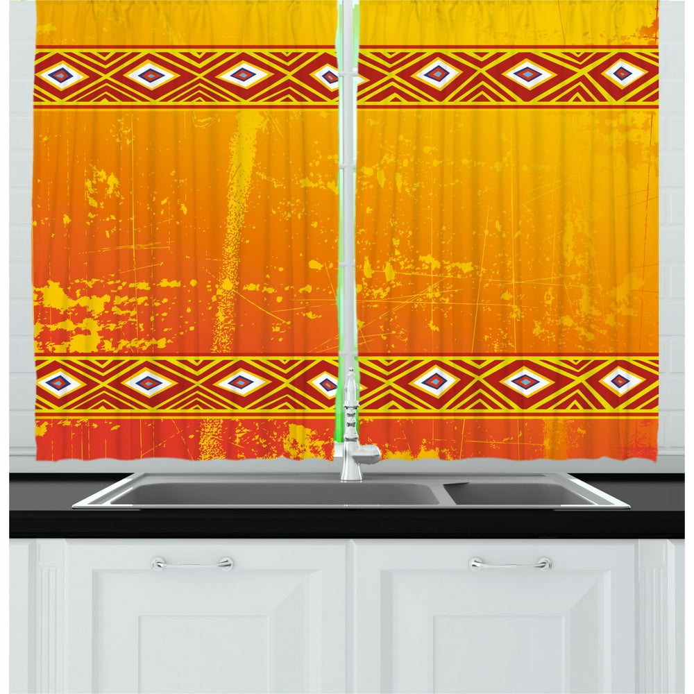 African Curtains 2 Panels Set, Tribal Theme Ethnic African Grunge