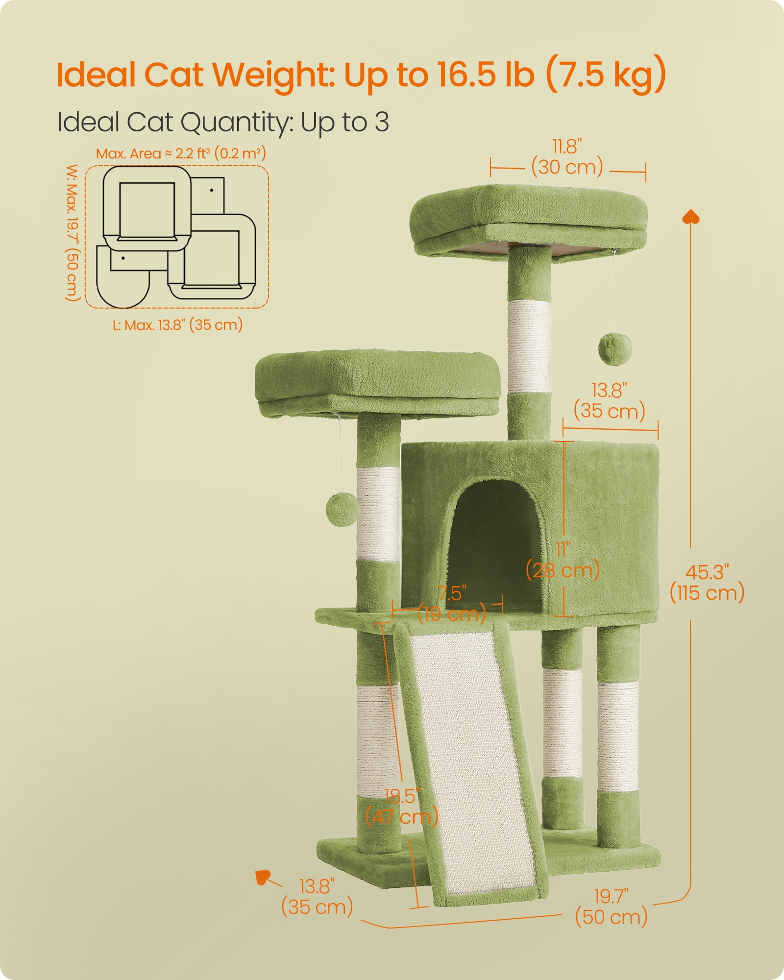 45.3-Inch Cat Tower with Scratching Ramp, Multi-Level Cat Condo with Spacious Cave & 2 Perches, 110 lb Capacity for Adult Cats Kittens, Grass Green
