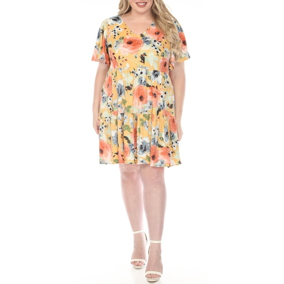 White Mark Women's Plus Size V-Neck Vintage Floral Short Sleeve Dress