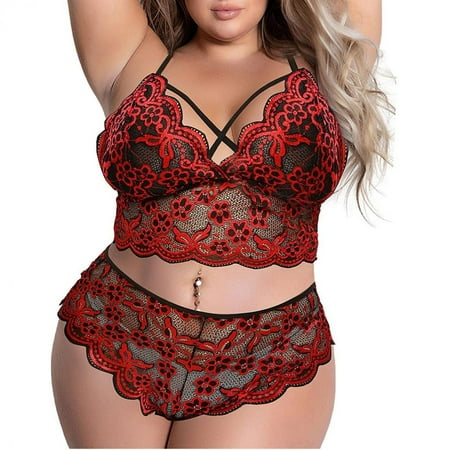 LEEYNEER Bras for Women WomenS Plus Size Lace Wireless Bra Lingerie Sleepwear Pajamas Underwear Set