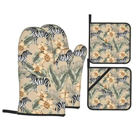 

Oven Mitts and Pot Holders Sets 4 pcs zebra Tropical palm leave beige Non-Slip Oven Gloves Potholders Soft Quilted Lining Heat Resistant Gloves Hot Pads for Kitchen Cooking Baking