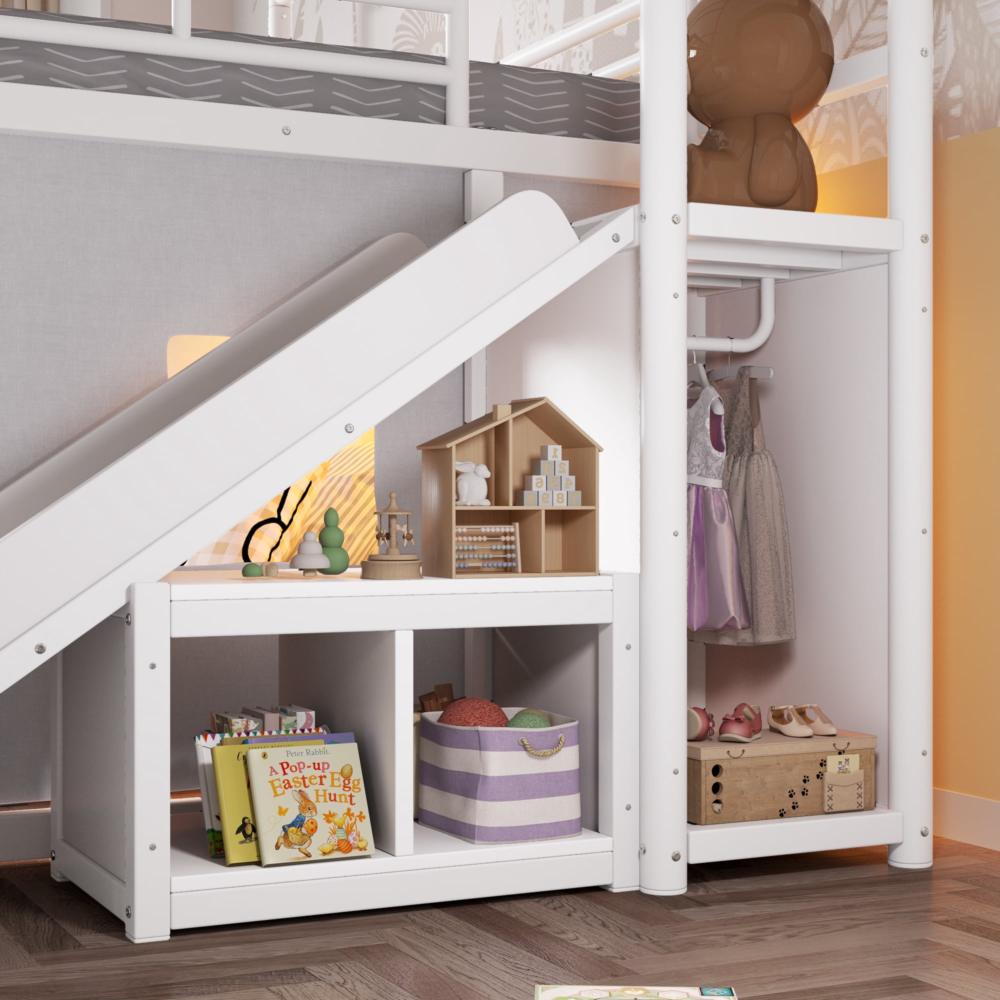HOQBN Metal Bunk Bed Full over Full,Playhouse Bunk Bed Frame with Slide & Ladder,LED Light Strip, Privacy Curtain, Movable Storage Cabinet and Hanging Rod,Antique White