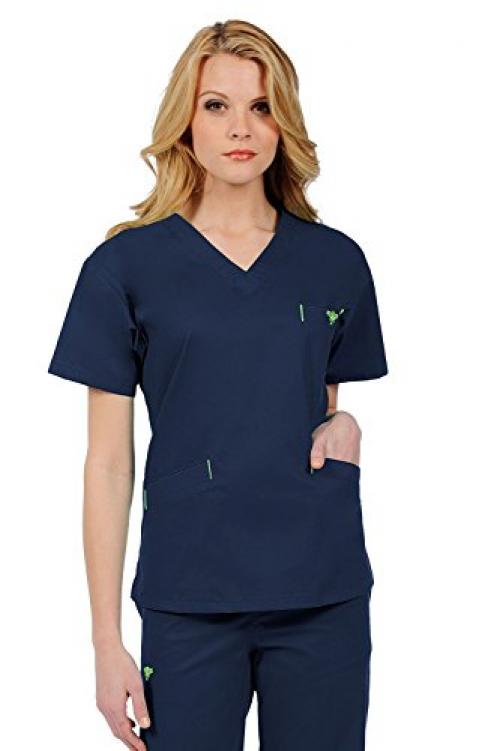 V-Neck Scrub Top, Navy/Apple, XL 