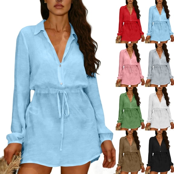 TAGOLD Womens Short Sleeve V Neck Dress Solid Color Lapel Short Sleeve Short Dress
