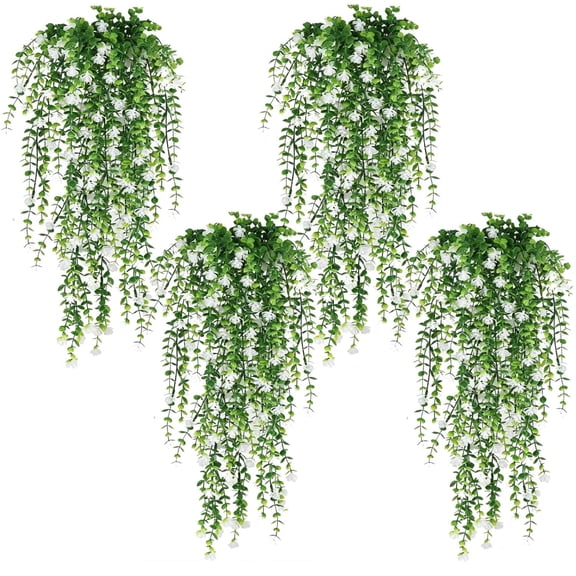 IRuiYinGo Artificial Hanging Plants 4 Pack Fake Greenery Hanging Plant Faux Eucalyptus Leaf Vine Indoor Outdoor Home Garden Decor