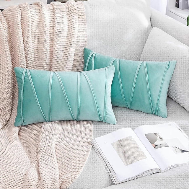 SZTXJ Set of 2 30x50CM Cyan Velvet Cushion Covers with Decorative Stripes Hand Sewn Rectangular Soft Bohemian Comfortable Simple Durable for Sofa Couc
