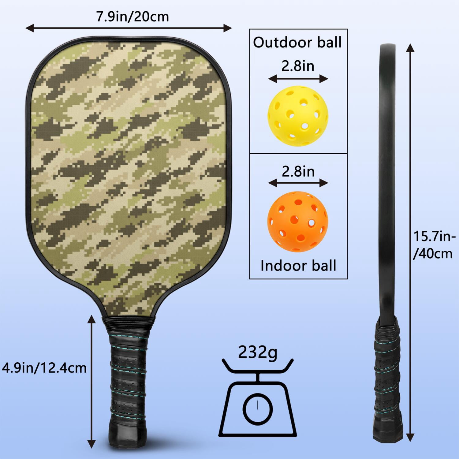 Pickleball Paddles Set Of 1, Fiberglass Surface, Camouflage Print, 1 Paddle, 2 Balls & Bag