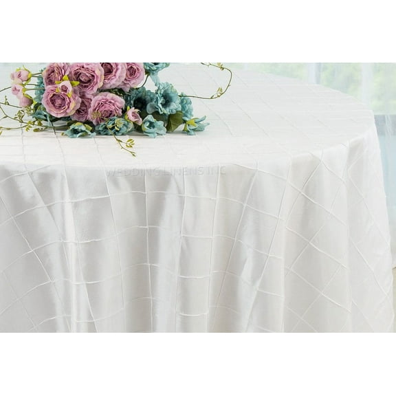 Wedding Linens Inc. 120" Pintuck Taffeta Seamless Linen Tableccloth for Party Wedding Reception Catering Dining Home Table Cover Linens - White
