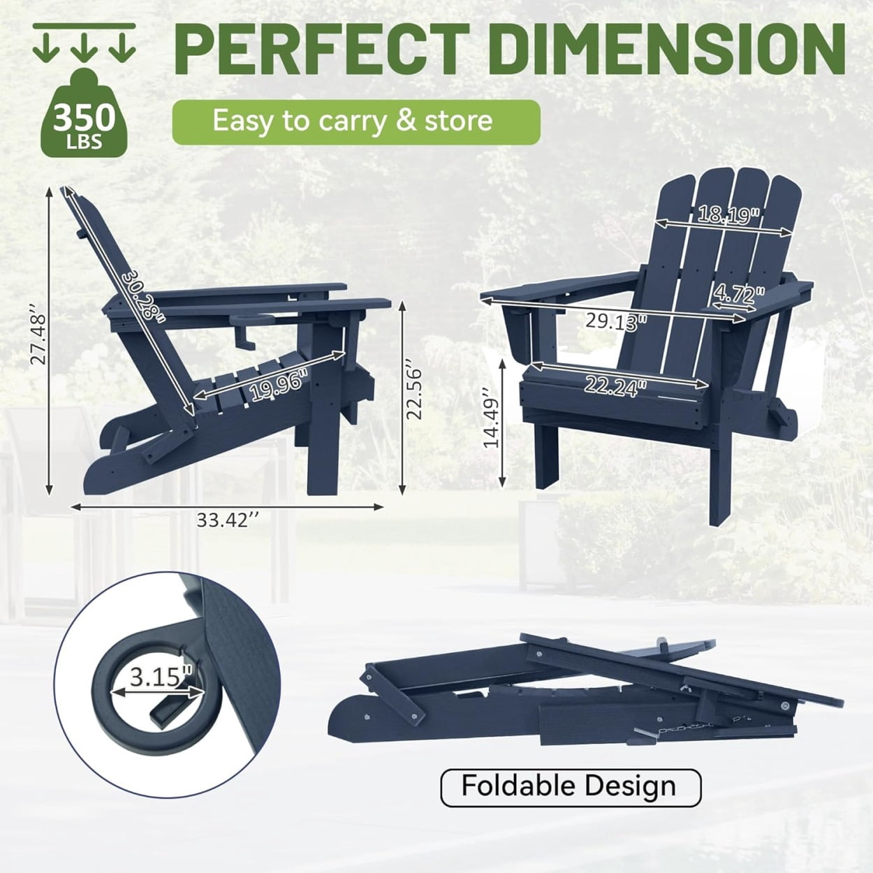 Folding Adirondack Chairs Set of 2, All-Weather HDPE Lawn Chairs with Cup Holder, Comfortable Outdoor Patio Chairs for Deck, Porch, Backyard, Garden, Dark Blue