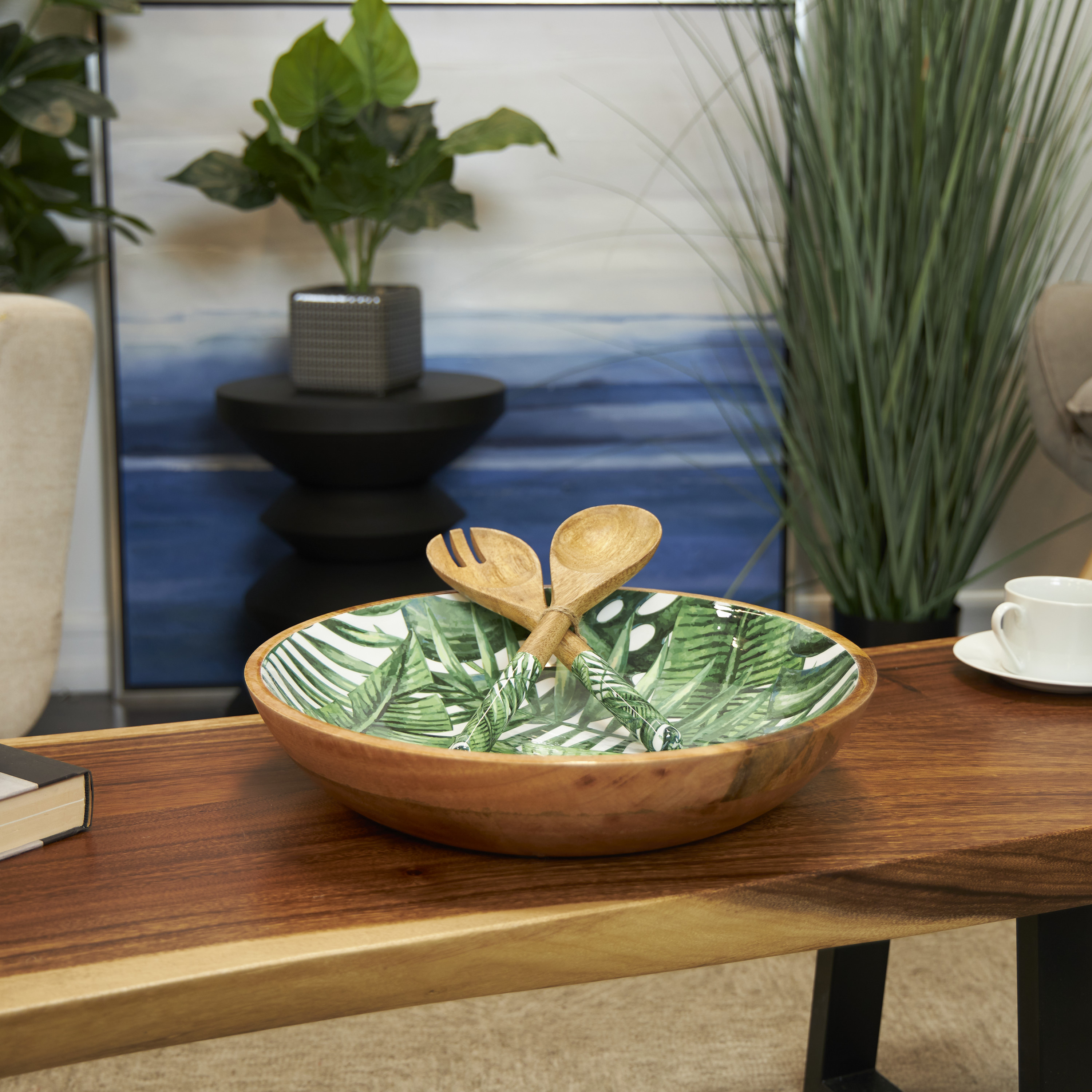 DecMode 15", 11", 11"W Handmade Round Green Mango Wood Decorative Bowl with Matching Salad Serving Utensils, Set of 3
