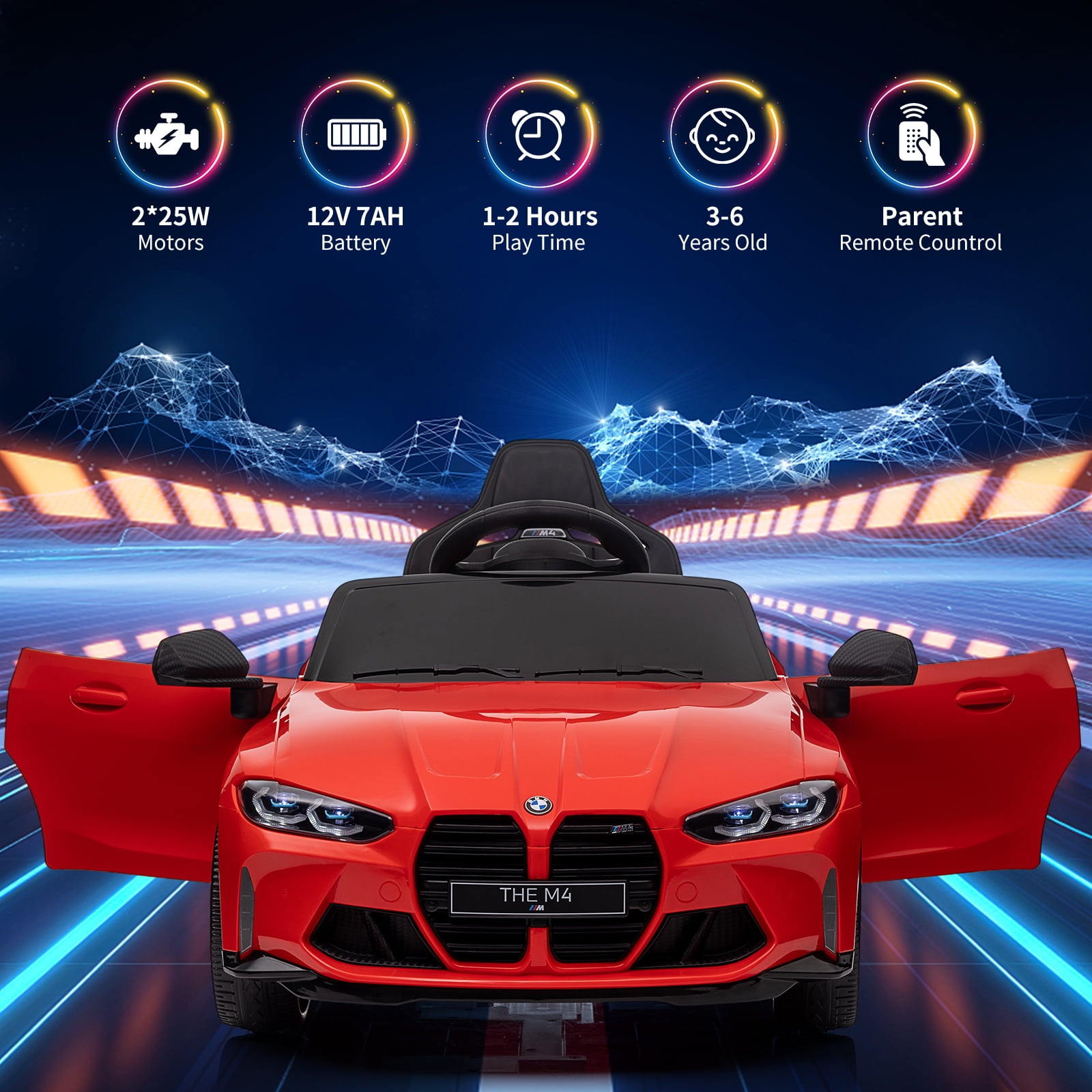 Joyspirit BMW M4 Licensed Remote Control Electric Ride-On Car for Kids - Bluetooth, 3-Speed, LED Lights, Suspension System,Red, Ideal for Ages 37-83 Months