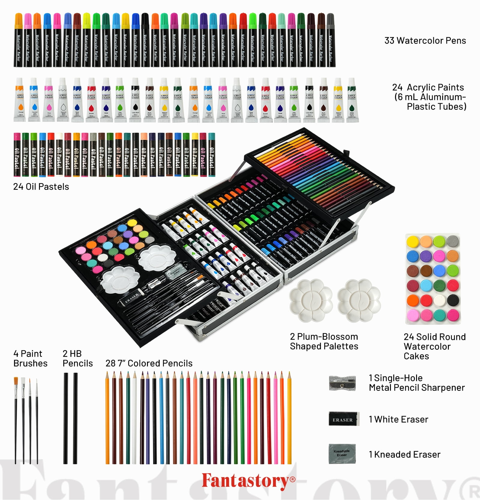 Fantastory 145 Pcs Art Supplies Set, Deluxe Aluminum Art Box Painting and Drawing Gift Kit for Adults
